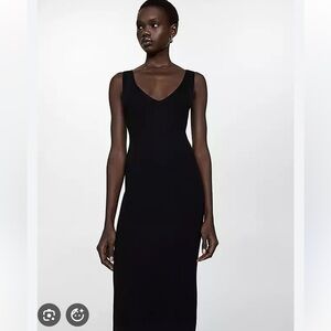 Mango Black V-Neck Ribbed Midi Dress
